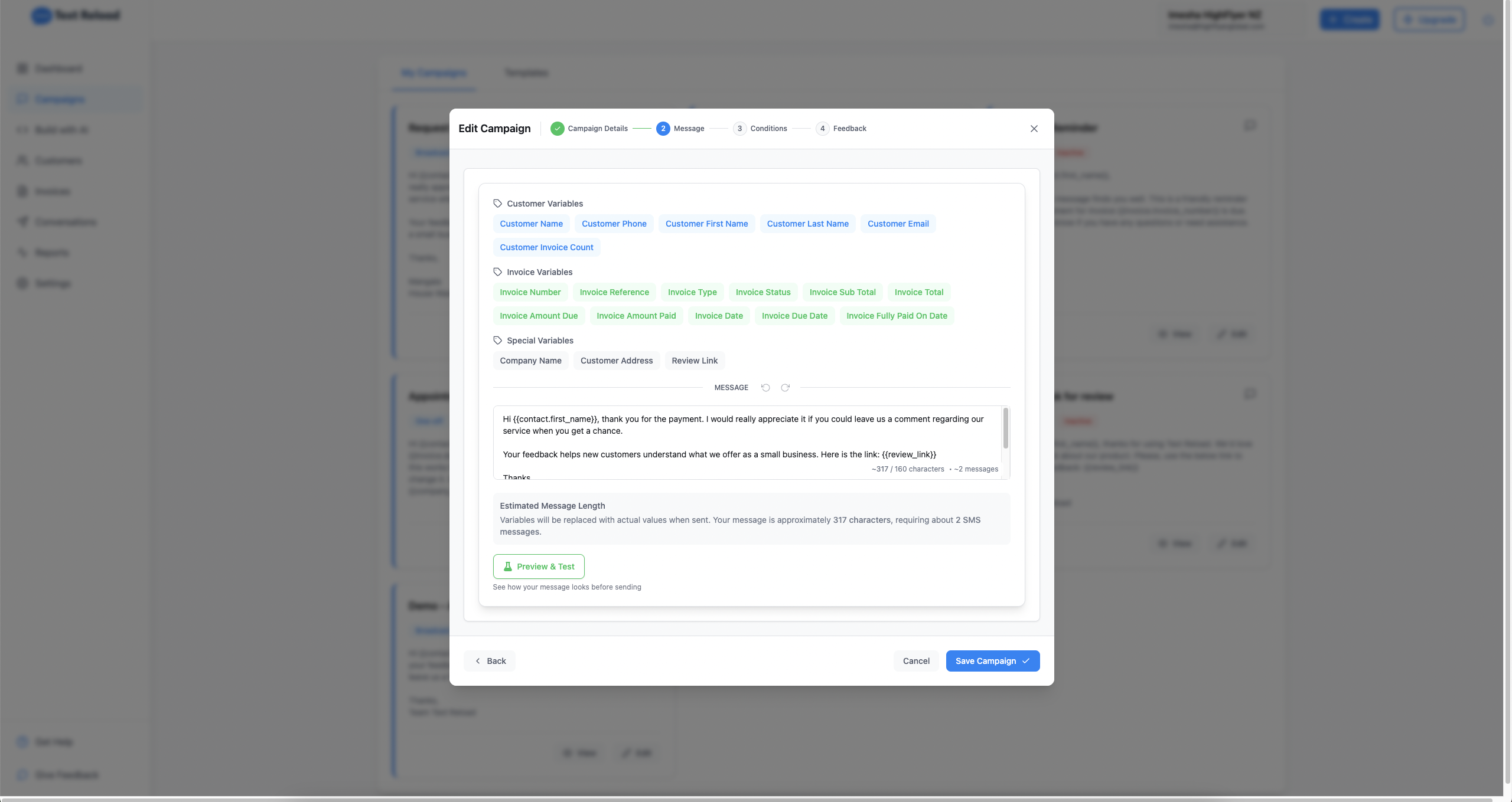 Text Reload Campaign Creator